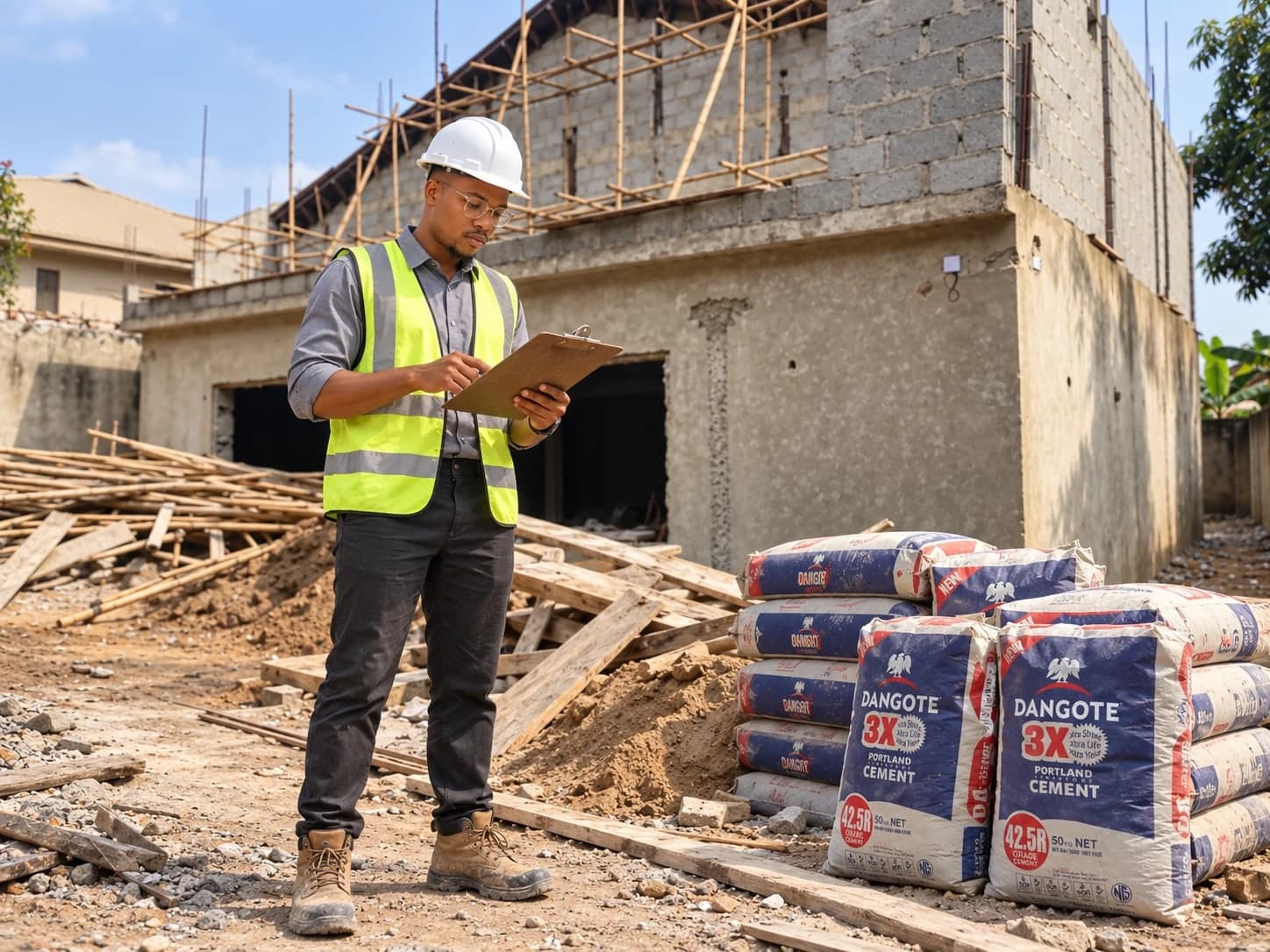 A site supervisor with a clipboard checking a stack of cement bags