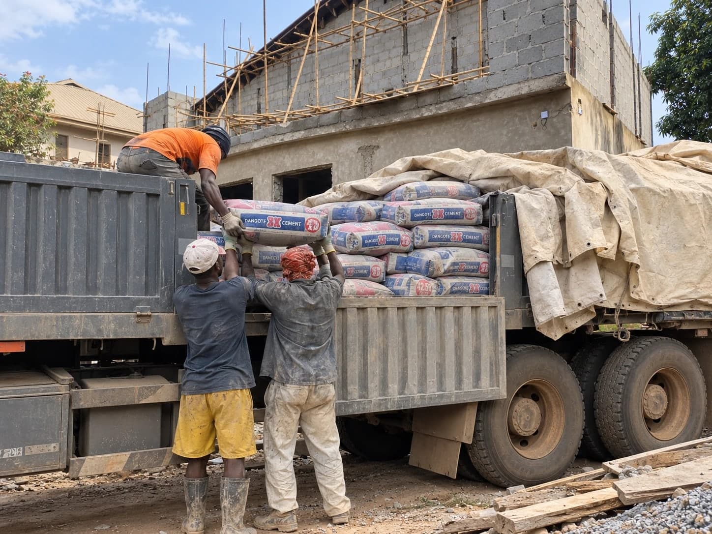 Workers offloading bags of cement from a truck at the renovation site