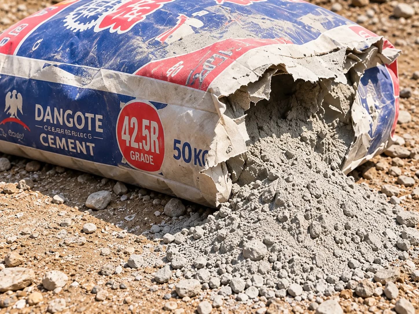 A torn 50 kg bag of cement with grey powder spilling onto the ground